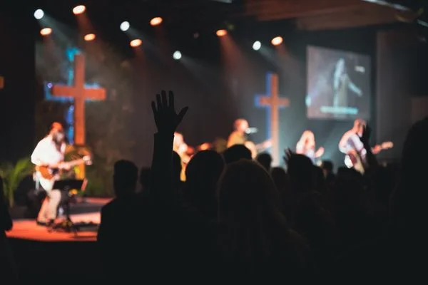 The worship team leading music during a Sunday service.
